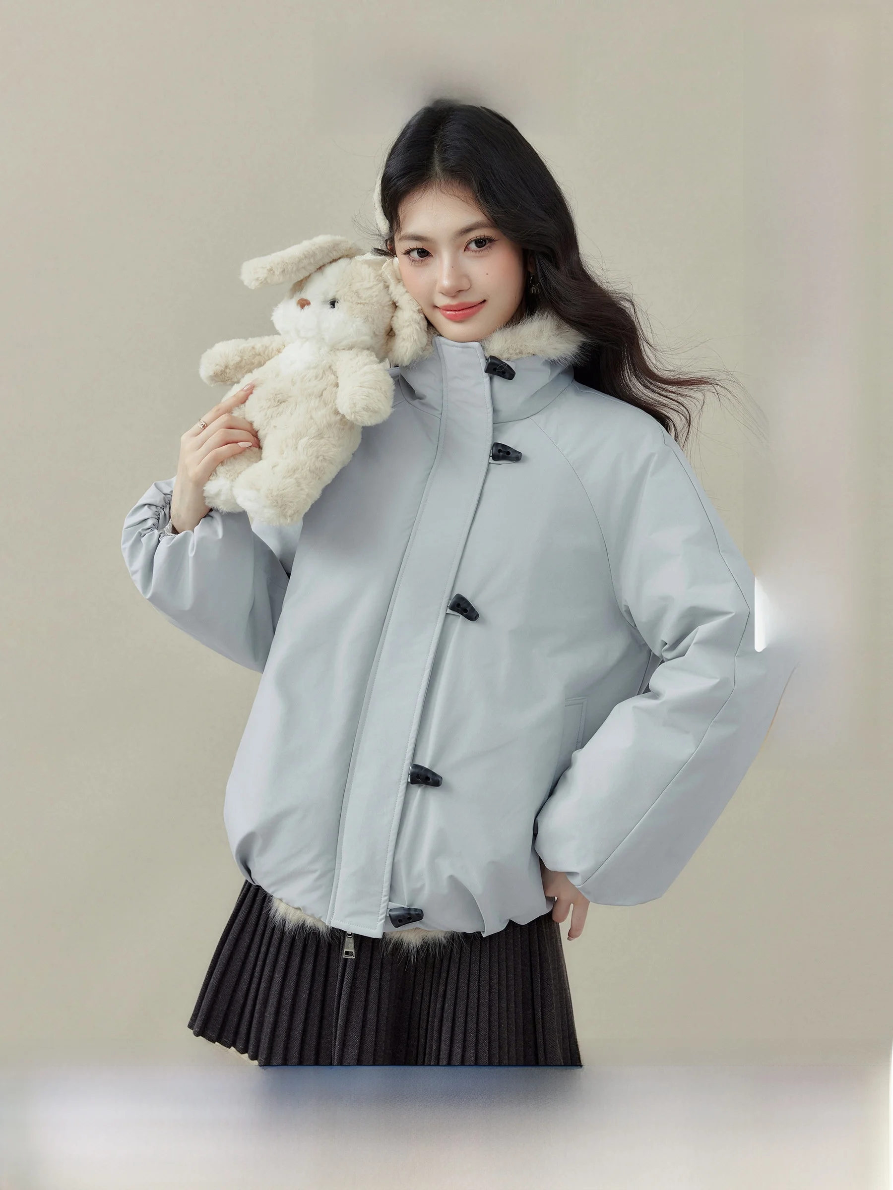 

Blue Thickened Fleece Women's down Jacket Winter Casual Style Long Sleeve Short Coat Button Closure Warm Stylish New Arrival