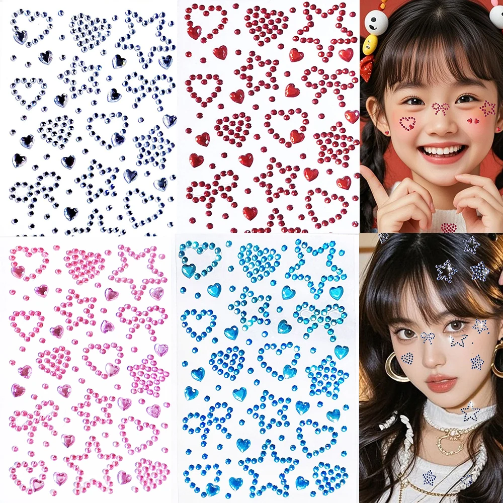 

3D Face Stickers Rhinestone Heart Star Bowknot Glitter DIY Eyes Face Makeup Sticker Christmas Girl Body Temporary Tattoo Decals#