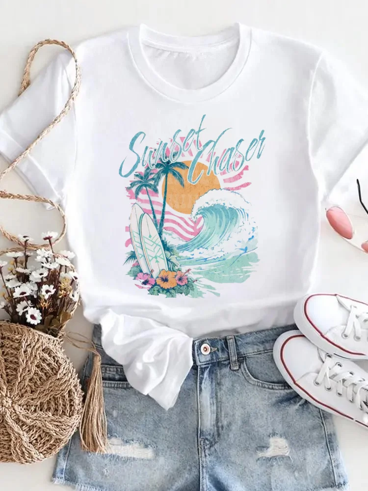 Surfing Pattern Women's Clothing Printed Fashionable Travel Cute 90s Sweet O-Neck Casual Vacation Short Sleeved Women's T-Shirt