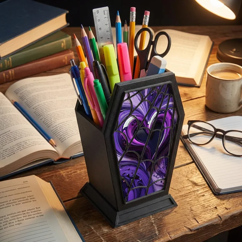 Gothic Coffin Pen Holder with Purple Heart Spider Web Print, Dark Academia Desk Organizer, Witchy Stationery Storage Gift for Go