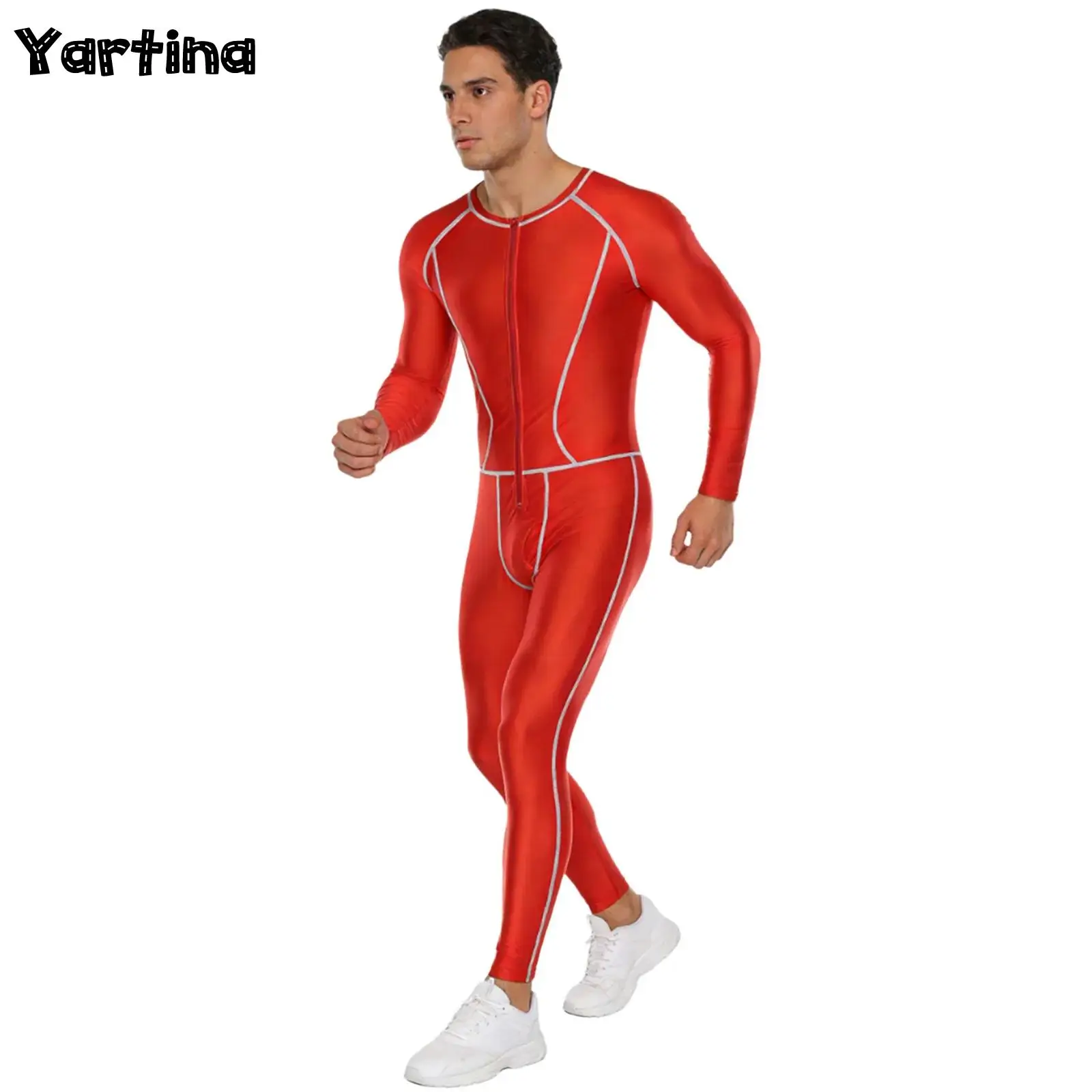 

Мужской глянцевый тонкий компрессионный комбинезон, купальник, внешний плоский швы, молния спереди, длинные рукава, длинные брюки, комбинезон, боди, купальный костюм