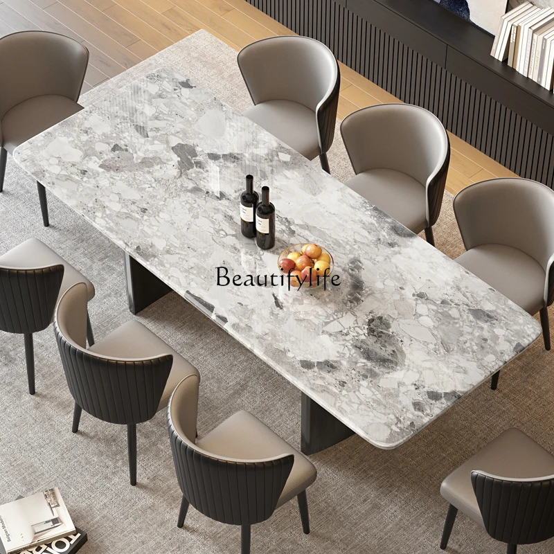 طاولة طعام مستوردة من الحجر الطبيعي الفاخر أوريو باللون الرمادي، طاولة طعام رخامية منزلية مستطيلة وبسيطة