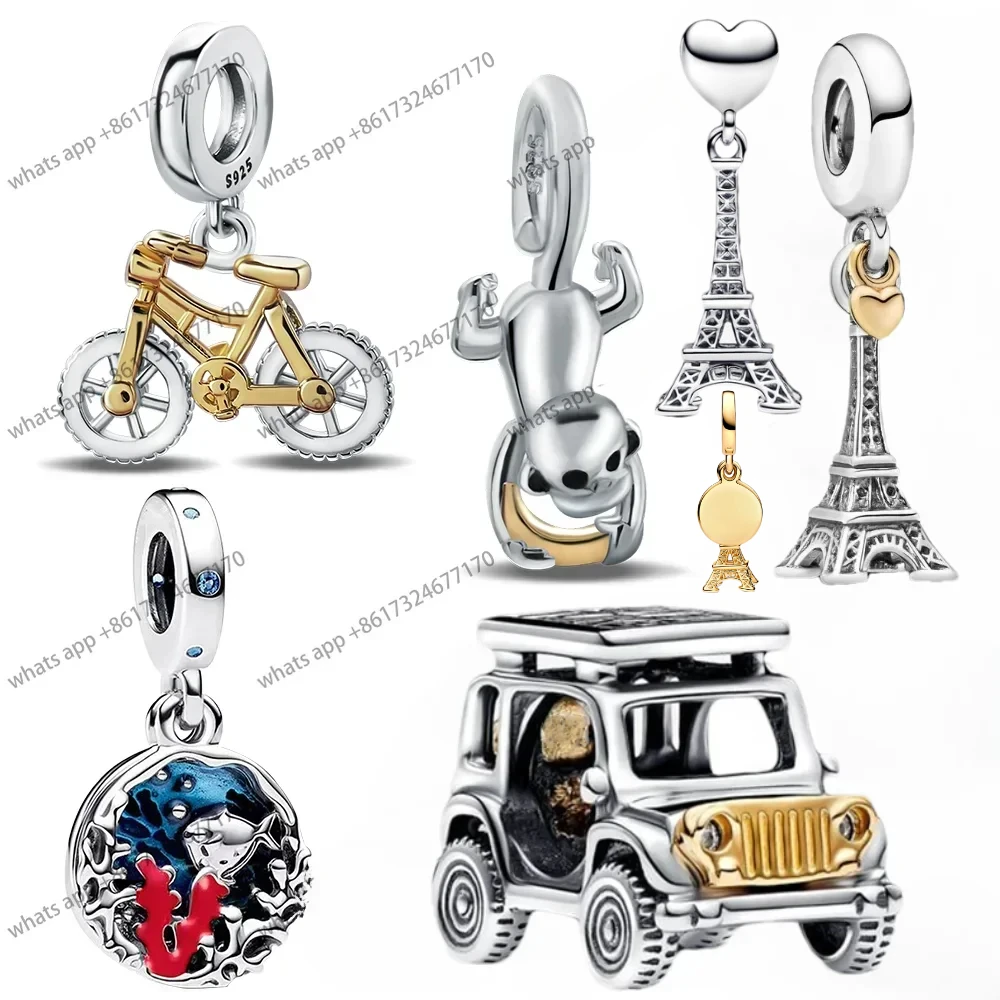 Hot 2024 New Two-tone Spinning Wheels Bicycle Dangle Charm for Original 925 Bracelet Jewelry Parisian Sports Style Dropshippring