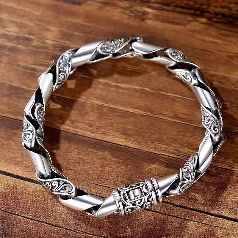OUYADI S925 Sterling Silver Tang Grass Pattern Men Bracelet Vintage Thai Silver Rough Personality Male Wrist Jewelry Gift
