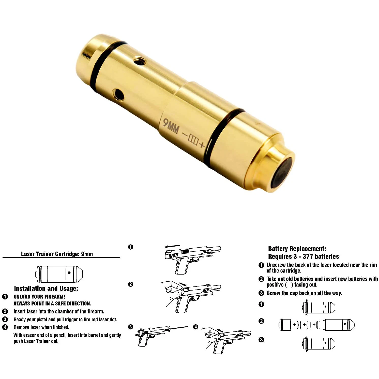 9mm 380ACP Training Laser Cartridge 9x19 9MM Luger 38SPL 40S&W 45ACP Dry Fire Training Bullet Laser Collimator