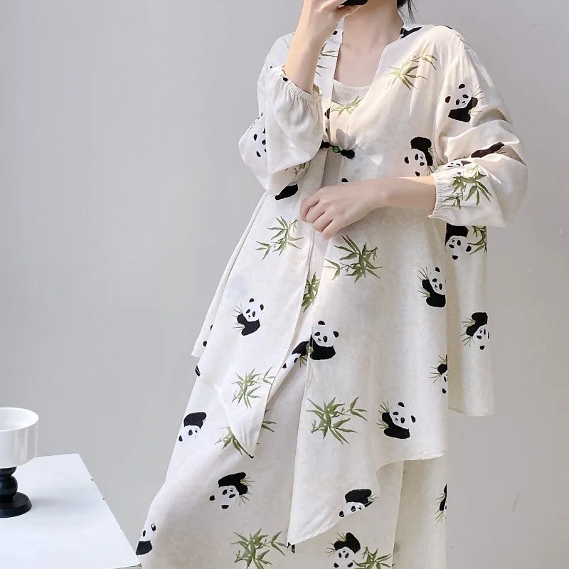 Chinese Style Spring Autumn Printed dress Loose Women Summer Nightdress Home Wear Two-Piece Casual Shawl Can Be Worn outside