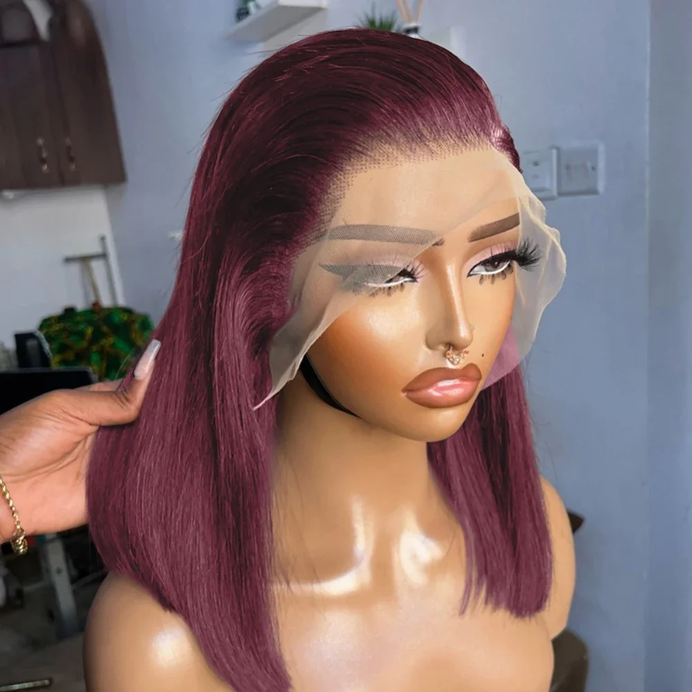 

99J Burgundy Straight Short Bob Human Hair Wigs For Women 200 Density Preplucked Red Colored 13x4 HD Lace Front Wig 8-14 Inch