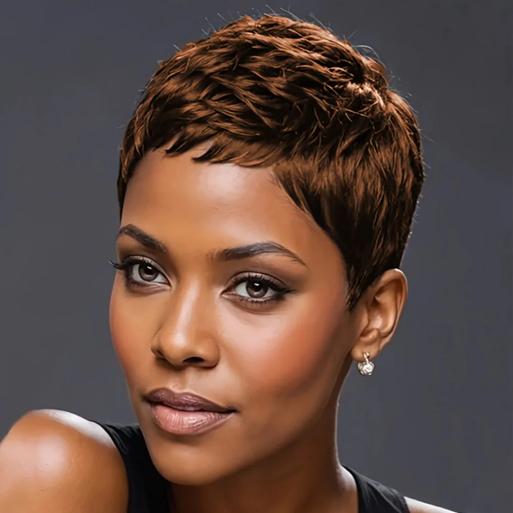 密度150% 4インチ ピクシーカット カールウェーブ 人毛ウィッグ 女性用 フルマシンメイドウィッグ デイリーユース＆パーティー用