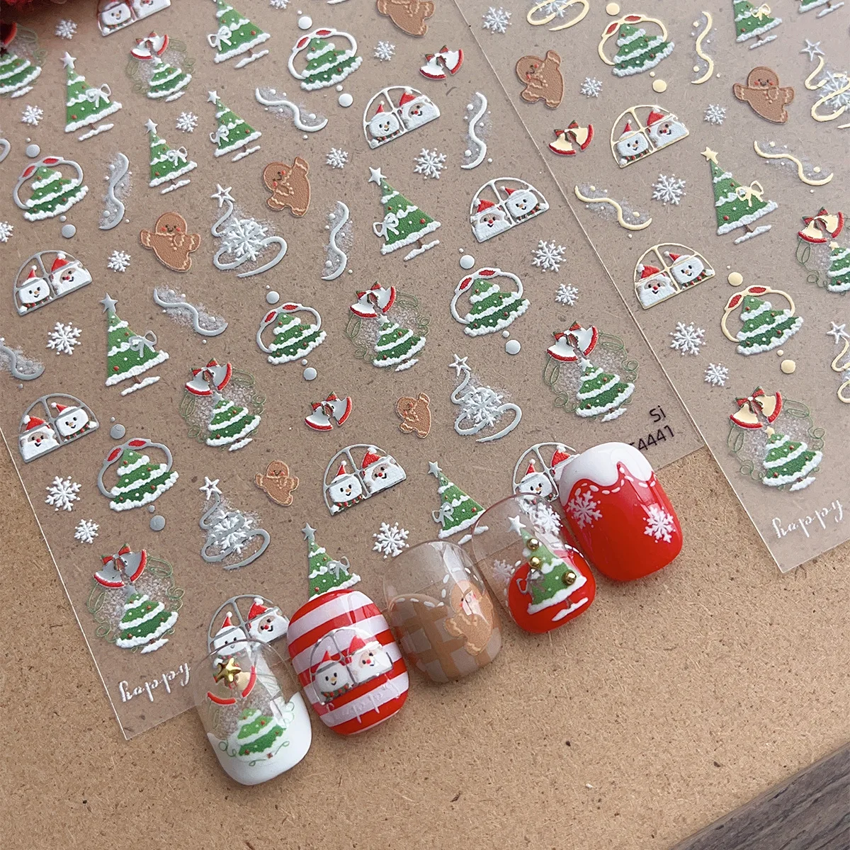 

Christmas Tree Nail Stickers Gingerbread Man Snowflake Printed Back Glue Nail Art Decals DIY Manicure New Nails Decorations