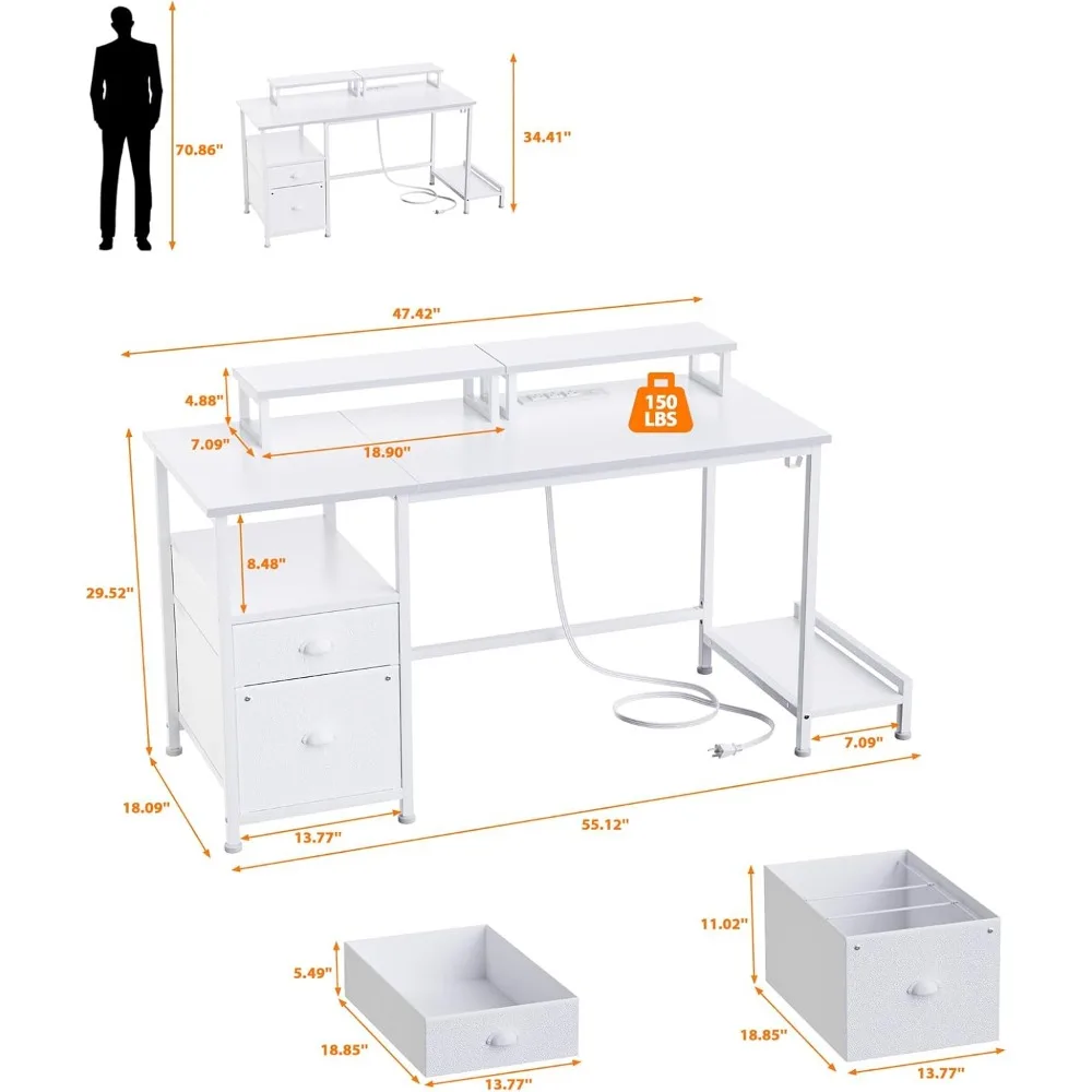 White Computer Desk with Drawer and Power Outlets, 47" Office Desk with 2 Monitor Stands and Fabric File Cabinet