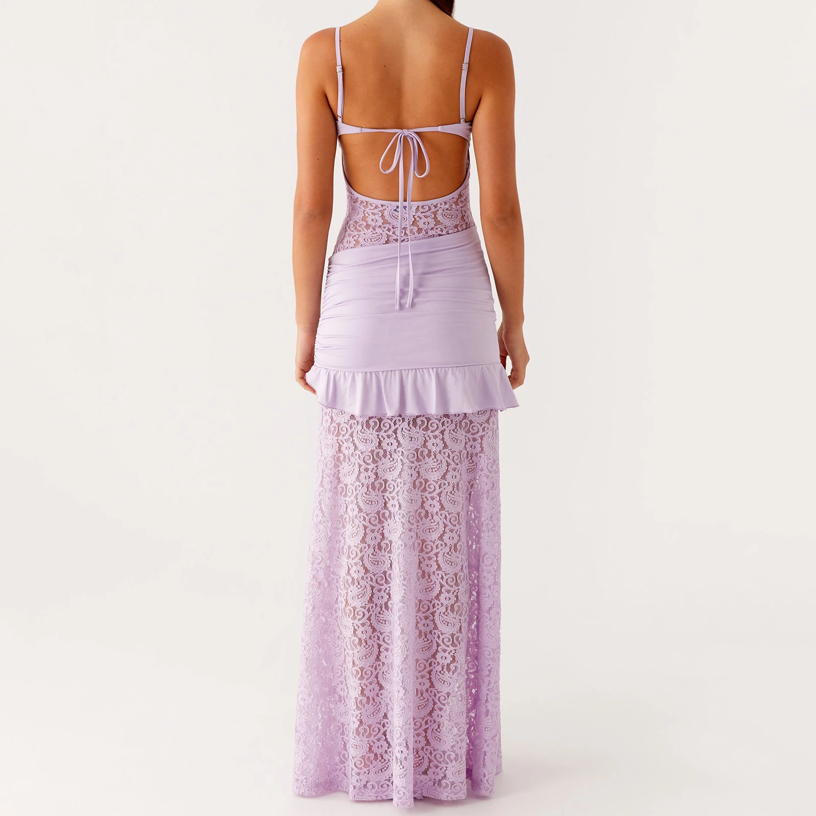 คุณภาพพรีเมี่ยมหรูหราVestidos 2025 ผู้หญิงยาวSlim Camiชุดแขนกุดไม่สม่ําเสมอRuffle Trimลูกไม้Patchworkชุด