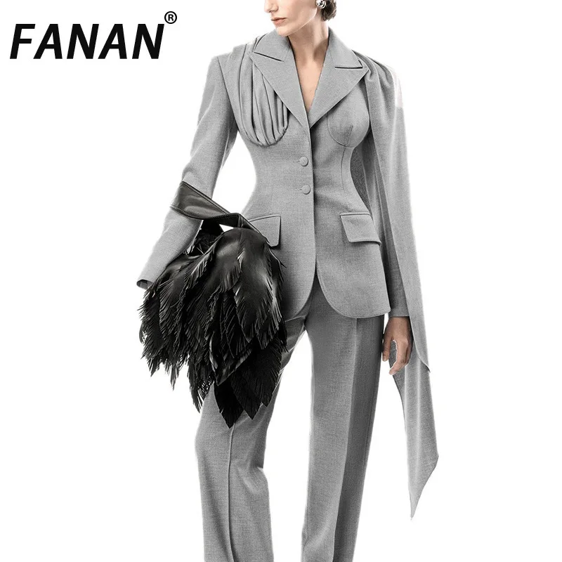 

FANAN Elegant Shawl Design Gathered Waist Blazers For Women Single Breasted Office Lady Temperament Jackets 2025 Autumn New
