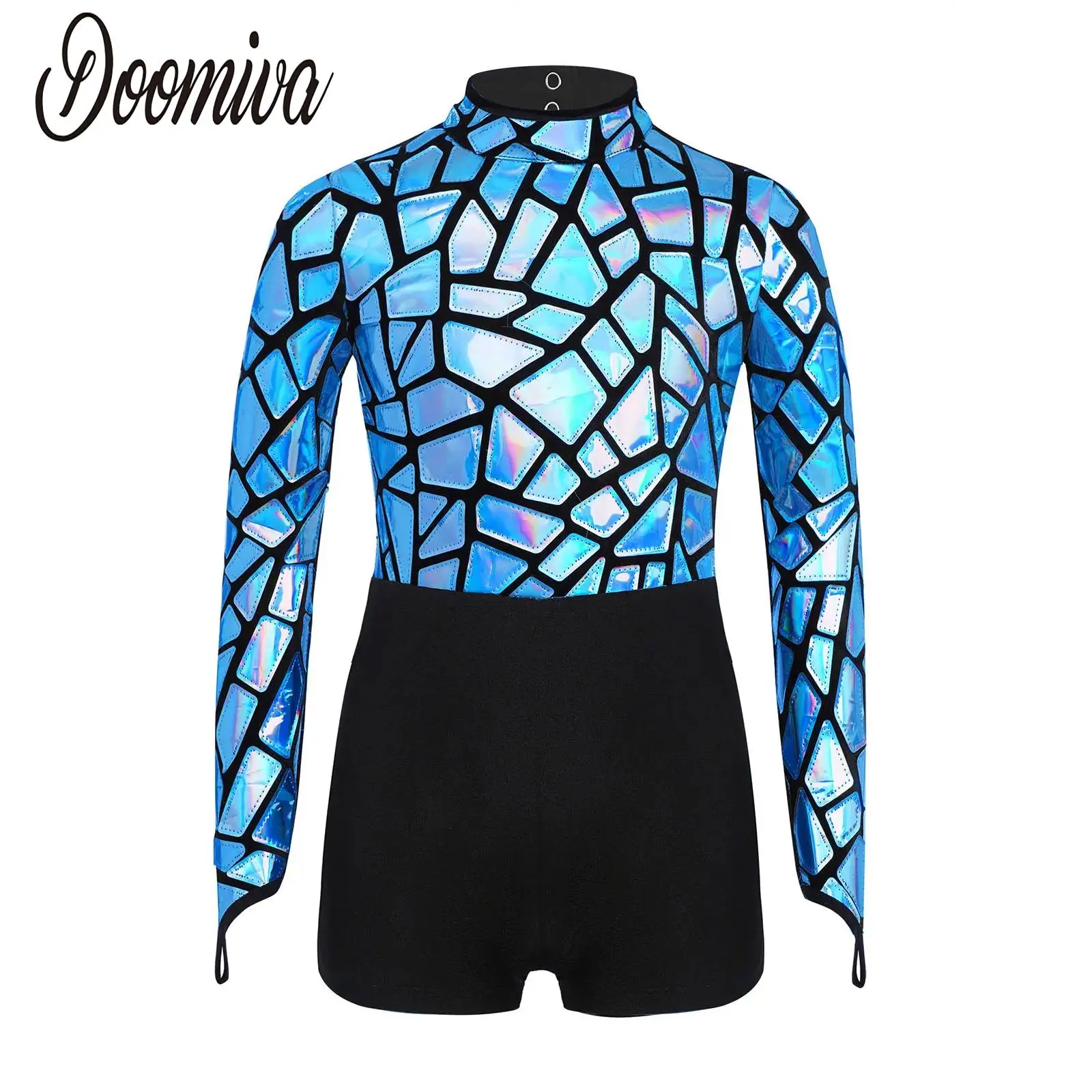 

Kids Girls Jazz Gymnastic Dance Costume Jumpsuit Long Sleeve Metallic Dance Leotards for Modern Dance Figure Skating Performance