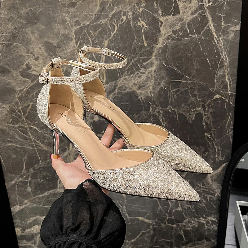 

White Pointed High Heels with Glitter Strappy Hollow Out Peep Toe Sandals for Wedding Bridesmaid