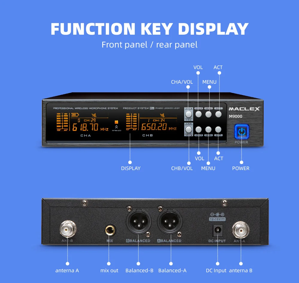 M9000 Maclex Performance Stage UHF Long Distance Professional Wireless High Quality Dual Channel Metal Handhel  Microphone Syste