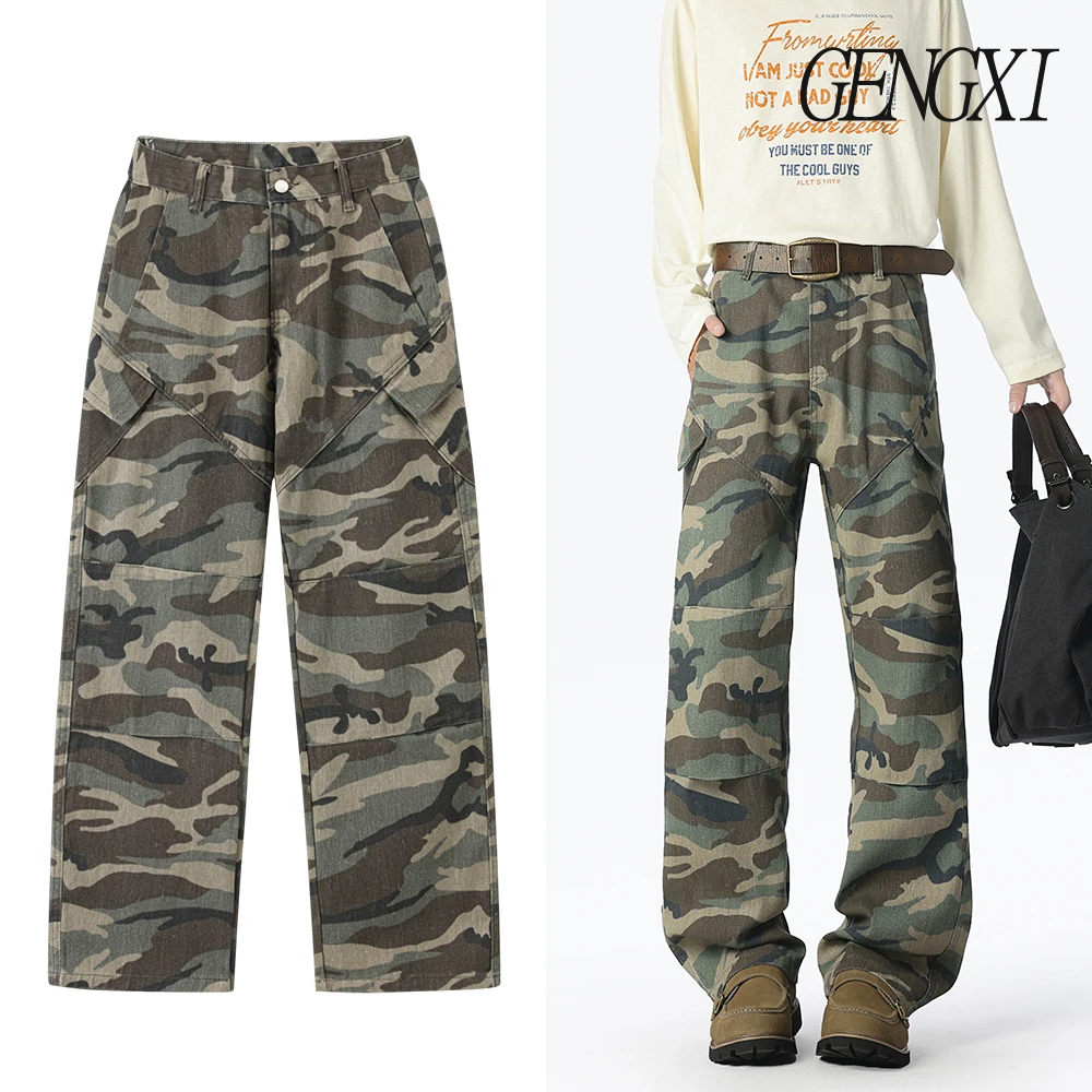 

High Street деконструированный дизайн, камуфляжная рабочая одежда, джинсовые брюки, новые мужские потертые винтажные прямые повседневные брюки