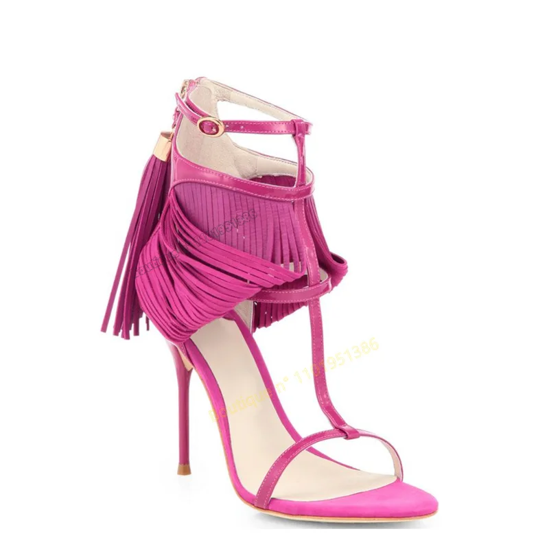 

Розовые сандалии на молнии сзади с T-образным ремешком, свадебные туфли с бахромой для женщин, обувь на высоком каблуке-шпильке, 2023