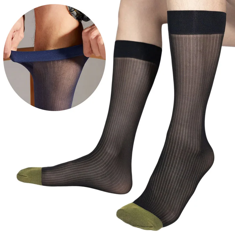 Men Business Long Tube Socks Sexy Elastic Transparent Gentleman Stockings Ultra-thin Soft Breathable Sweat-Absorbing Casual Sox