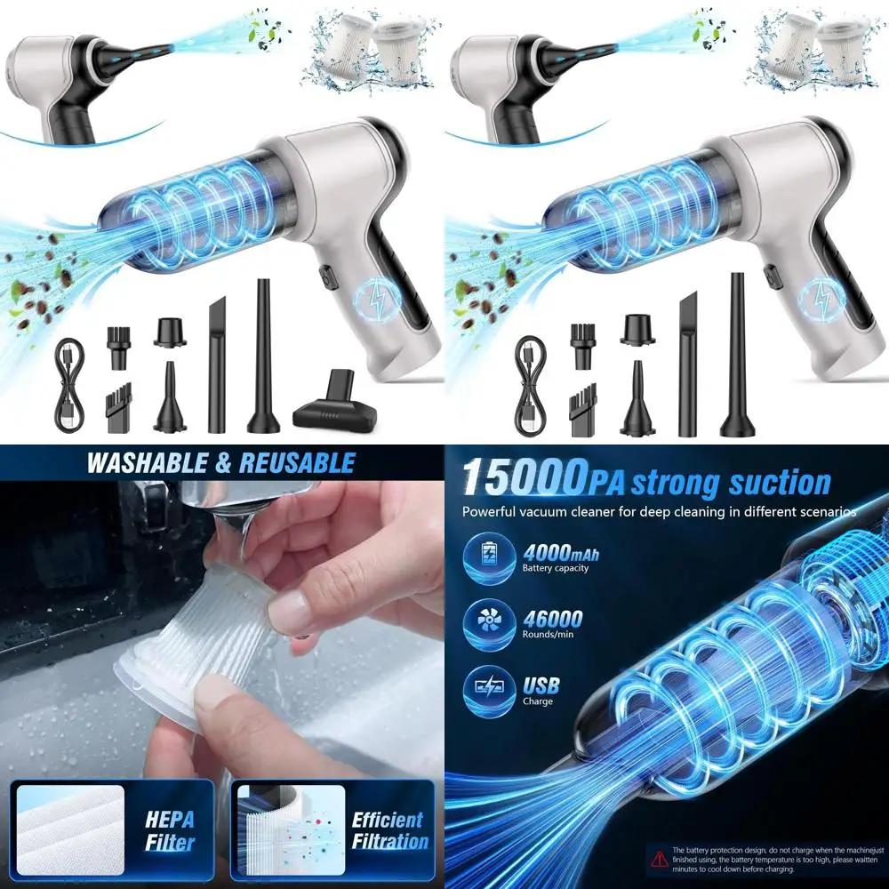 15000 Pa draadloze nat-/droogstofzuiger, 120 W vermogen, wasbaar HEPA-filter, multitool voor auto, huisdier, thuis, op kantoor