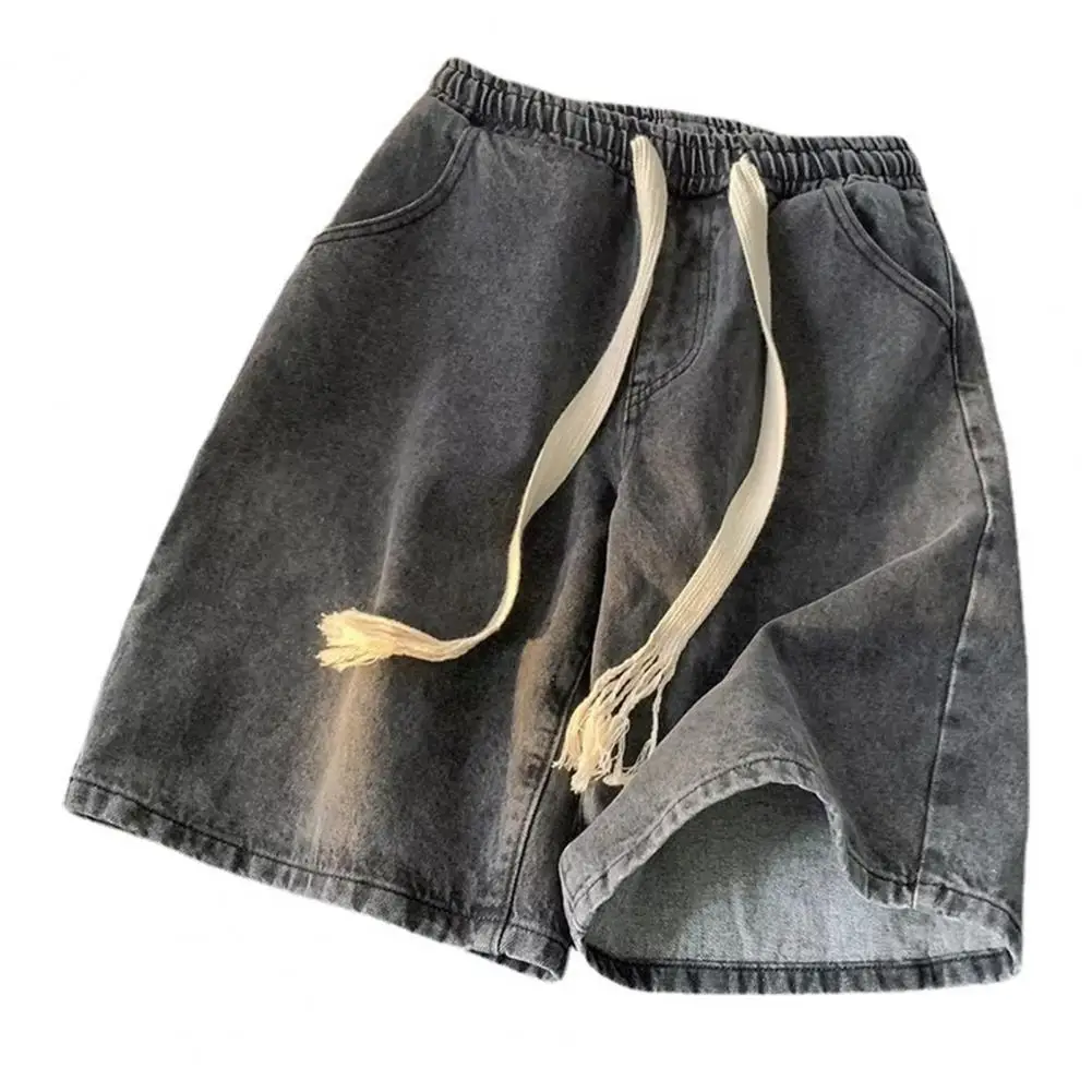 Casual Men Denim Shorts Men's Elastic Drawstring Denim Shorts with Pockets Casual Summer Beach Shorts Quick-drying Wide for Men