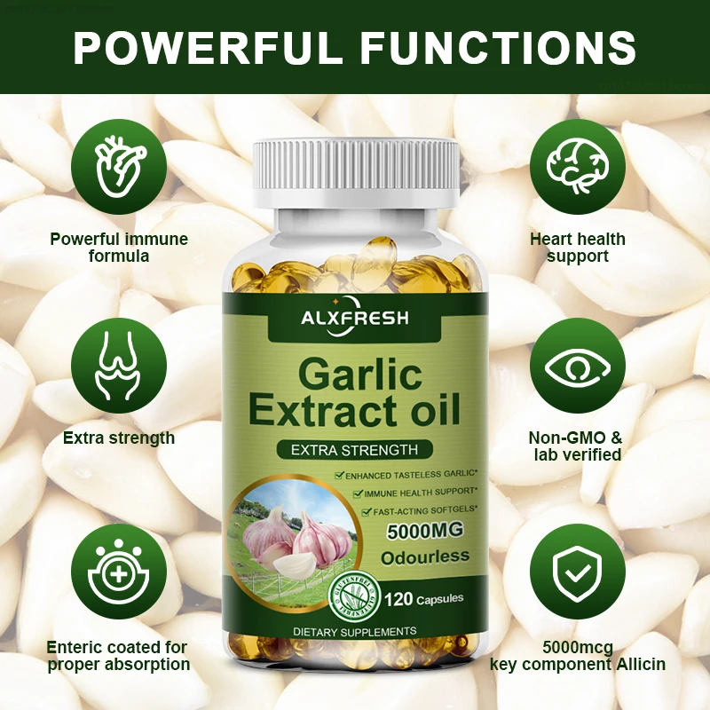 Alxfresh Organic Garlic Oil Extract Capsule for Immune, Cardiovascular Health Support, Glutathione Level, Cellular Detox Product