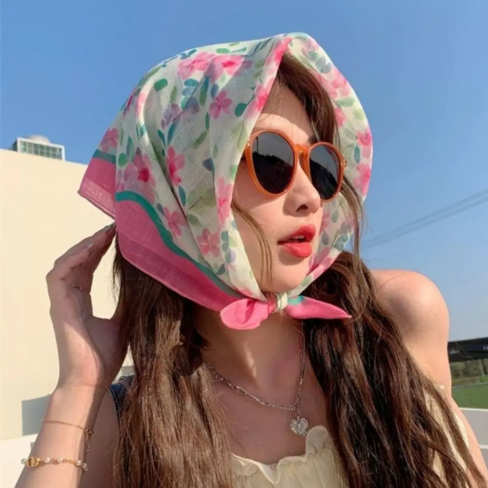 Korean Floral Printed Head Scarfs Women Bandanna Floral Pattern Summer Scarf Cotton Square Neck Scarf Shawl Headband Neckerchief