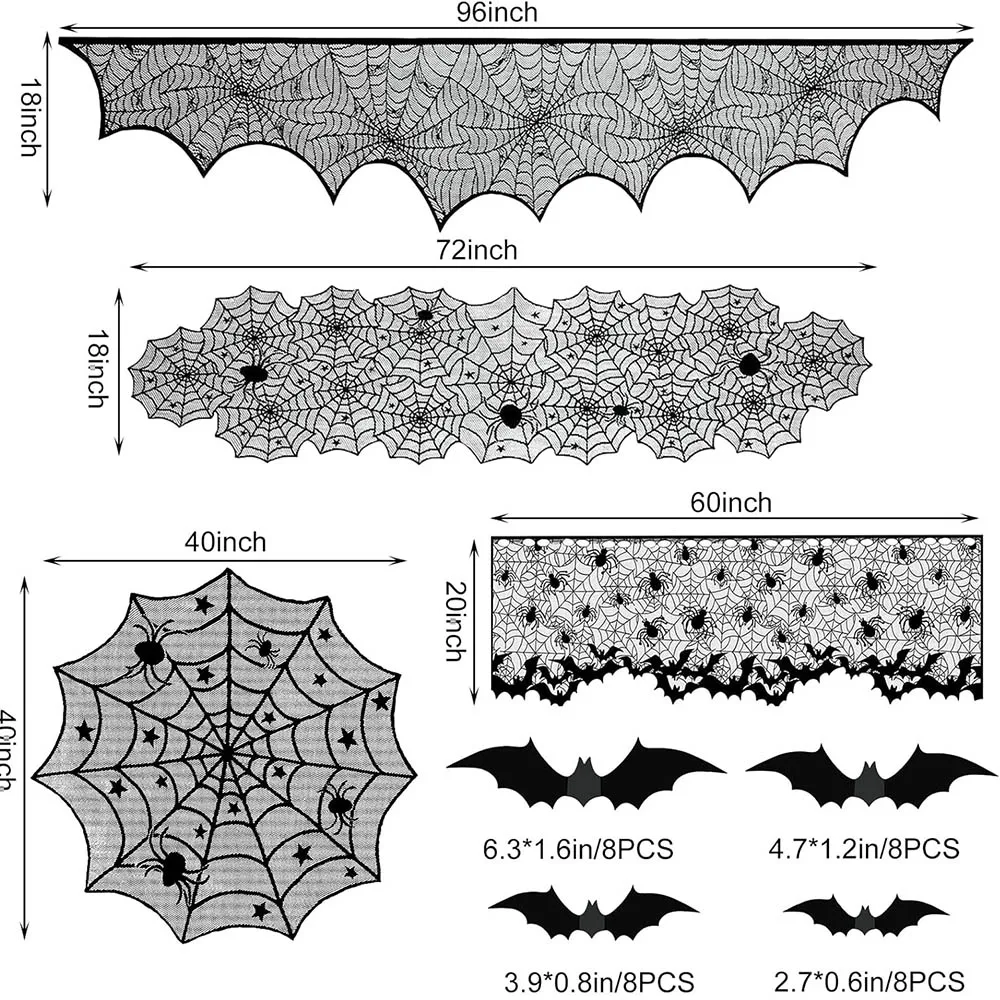 Obrázek 4: Halové halloween dekorace černá krajka stůl runner krb mantel šála kolo ubrus cobweb stínidlo s 3D letouni zeď nálepka