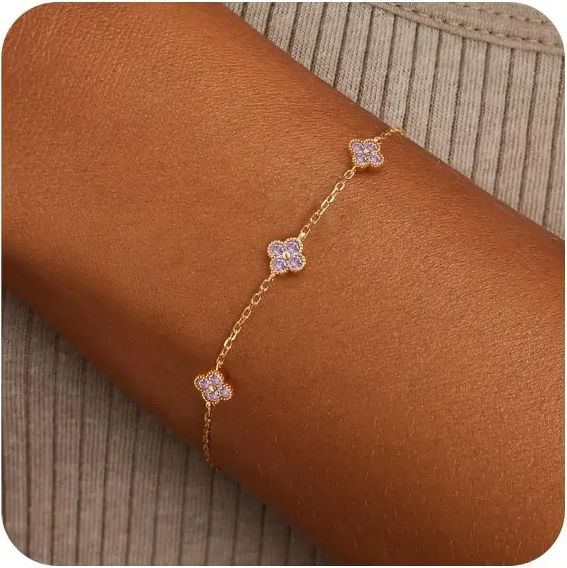 Pulsera de Trébol con Piedra de Nacimiento, Delicada, Chapada en Oro de 14K, Bonitas Pulseras Apilables de la Amistad para Mujer