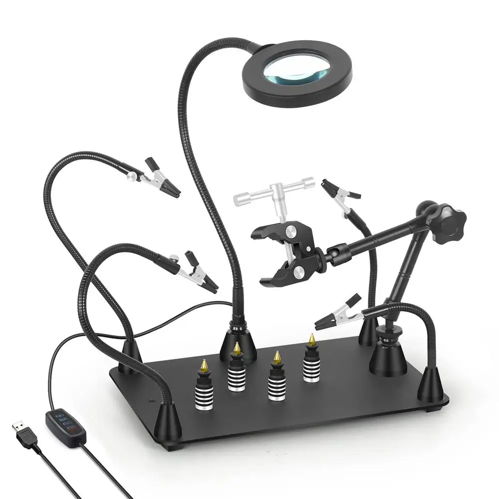 Magnetic Soldering Holder Third Hand Tool with LED Magnifying Lamp 360 Rotation Hot Air Gun Stand