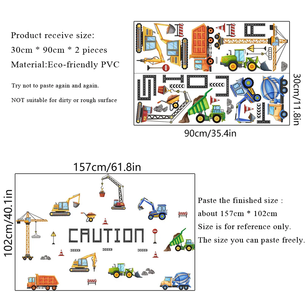 Cartoon Engineering Vehicle Wall Stickers Kids Room Decoration Mural Boys Bedroom Nursery Decor Self-adhesive Home Decals Poster