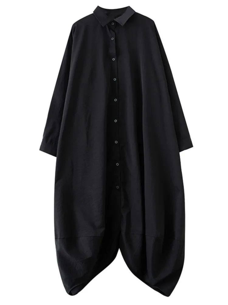 เดรสเชิ้ตแขนยาวทรงหลวมสไตล์สปริงสำหรับผู้หญิง แฟชั่นลำลอง ทรงไม่สมมาตร