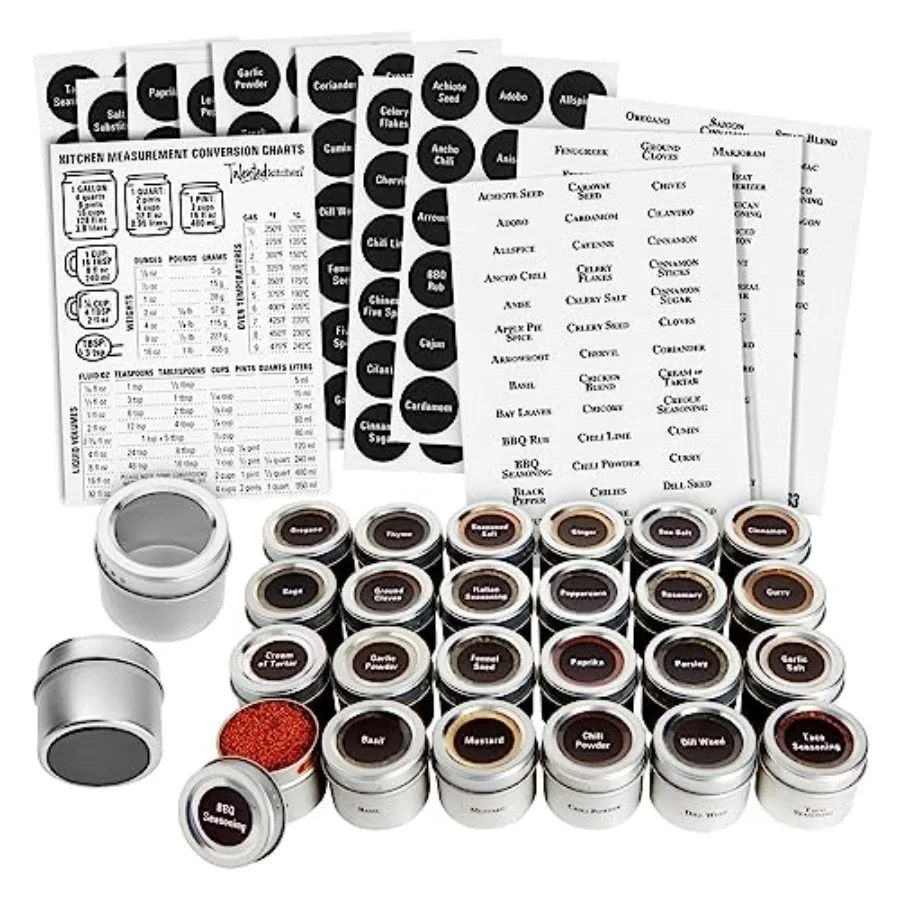 Magnetic Spice Jars - 3 oz Stainless Steel 24-Pack - Spice Tins with Sift and Pour Lids and Fridge Magnets for Kitchen Organiza