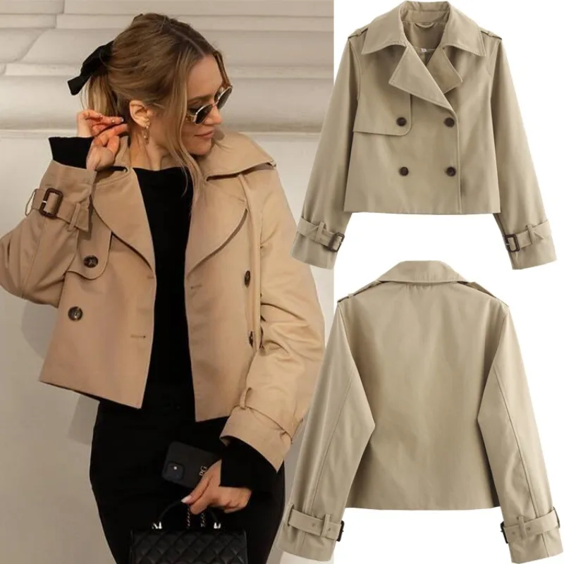 Autumn New Product: Women's Windbreaker, European and American Fashion Short Style Collar Double Row Buckle Long Sleeve Jacket