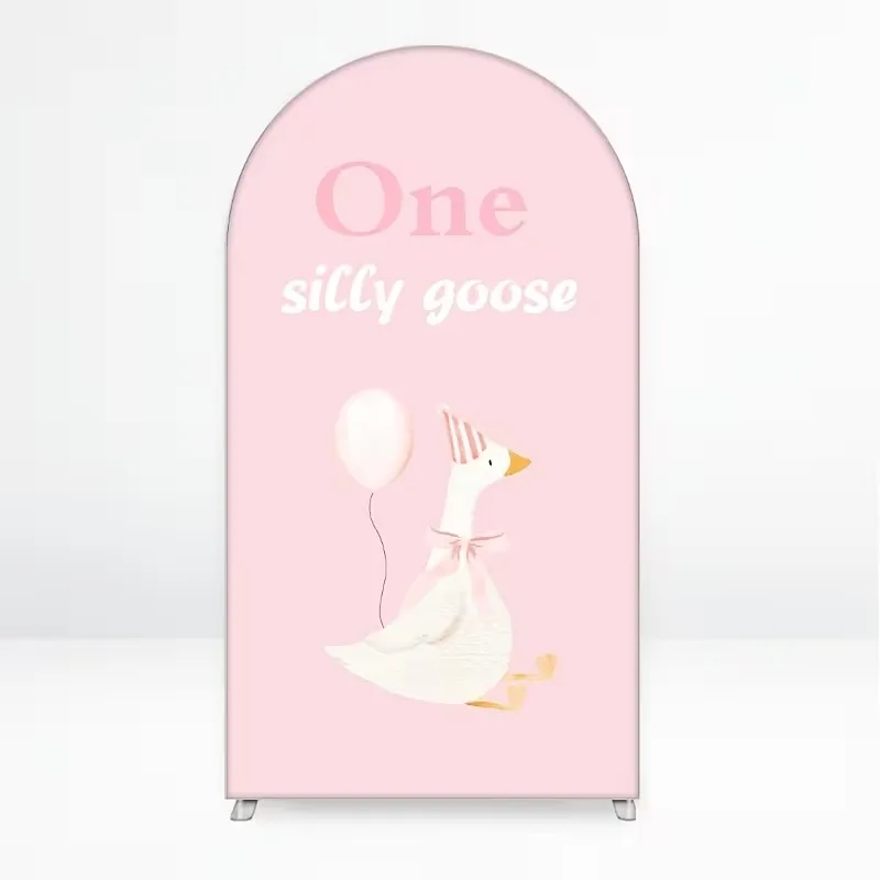 Mehofond Custom 2-Sided One Silly Goose Pink Plaid Kids Birthday Party Baby Shower Cover Chiara Arch Background Decor Backdrop