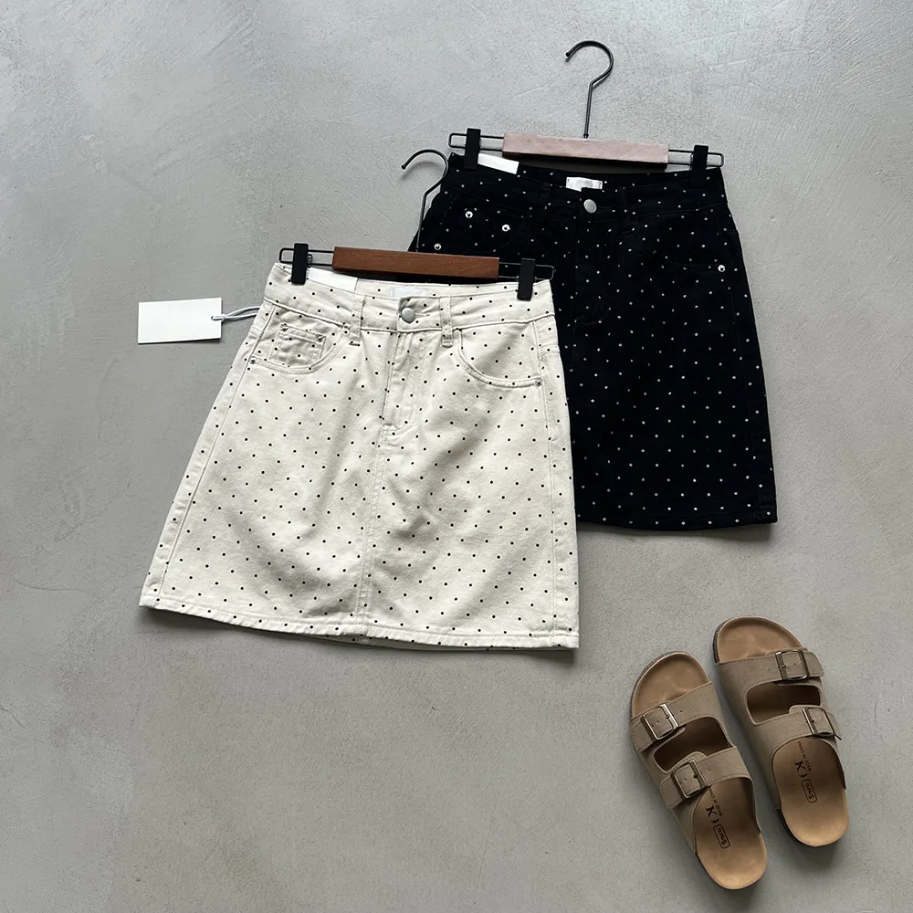 Rok Denim Polka Dot wanita, pakaian perempuan Polka Dot, rok Denim, sederhana, kasual, modis, pinggang tinggi, desain musim panas, 2024