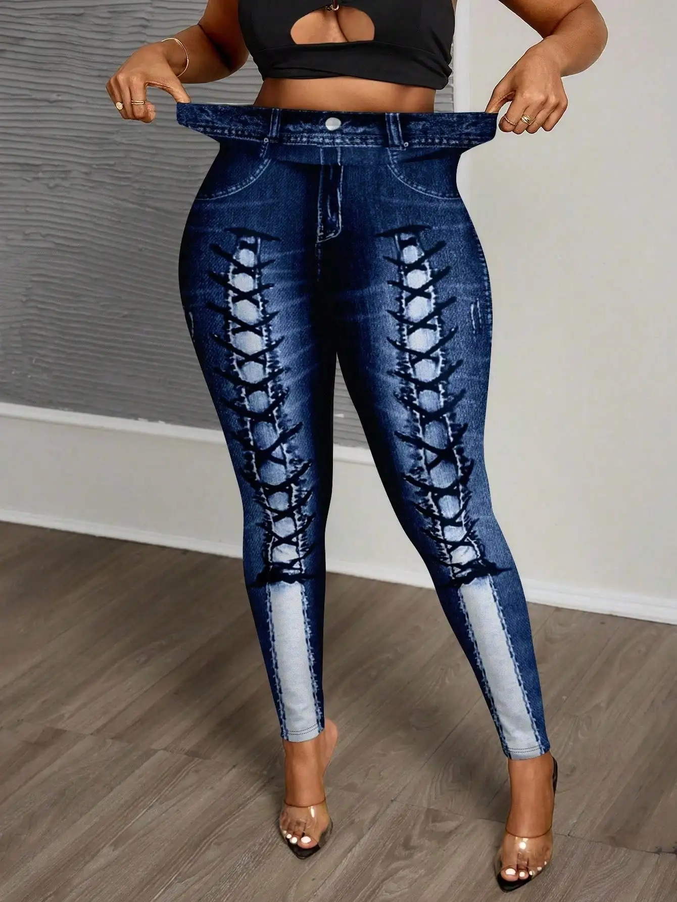 

Леггинсы больших размеров с высокой талией, рваные, на шнуровке, с принтом, повседневная одежда для осени и зимы