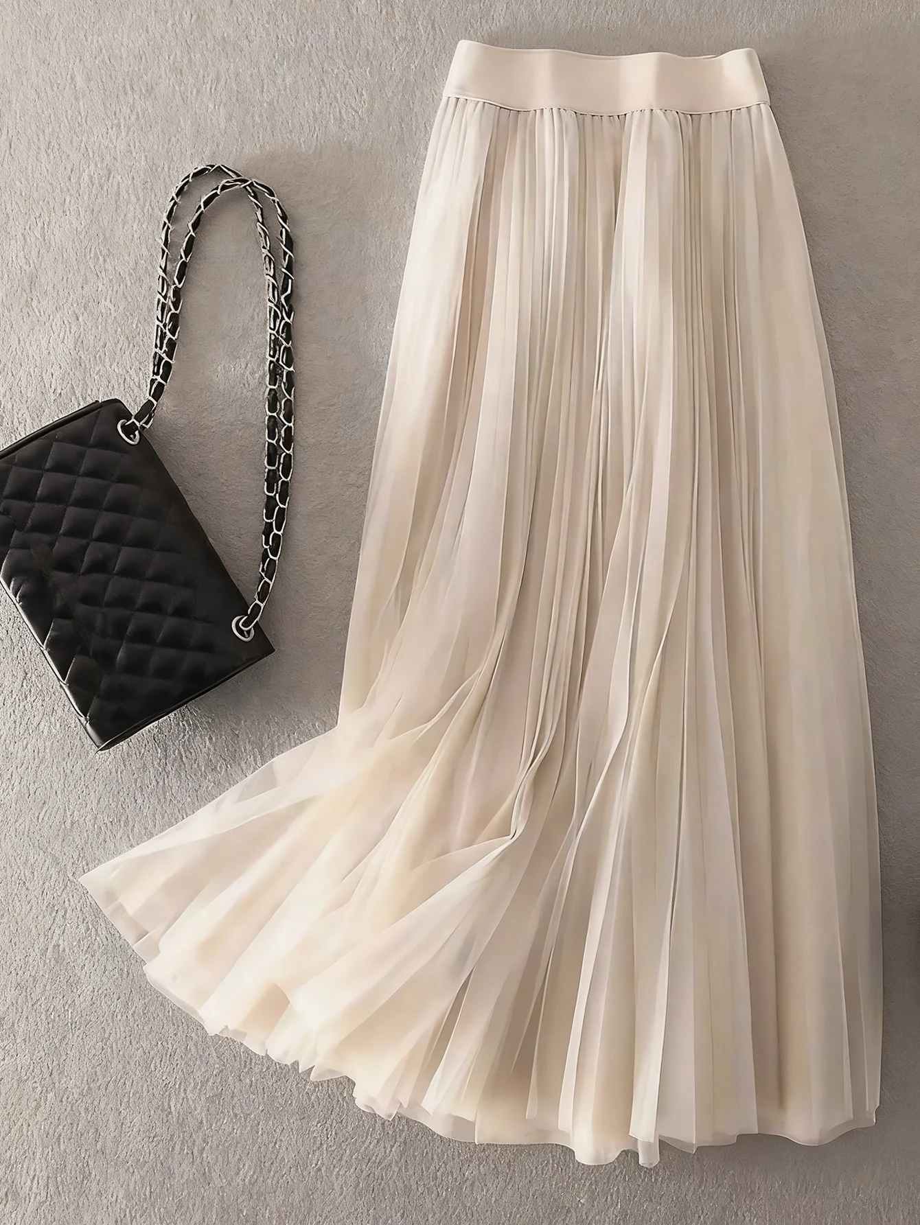 

Elegant Cream Pleated A-Line Skirt, Lightweight Mesh Fabric, Minimalist Style for Office or Casual Wear