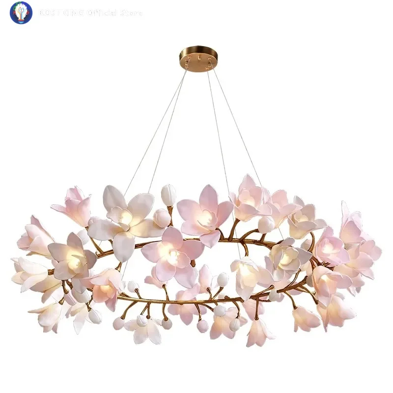 

2025 Modern Copper Magnolia flower chandelier pendant light luxury bedoom lights living room dining room art pendant lamps