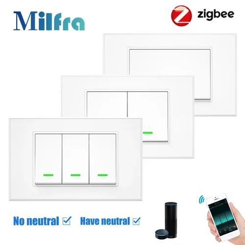 Interruptor de luz inteligente Tuya Zigbee, interruptores de botón, cable neutro opcional, Control por voz de 1/2/3 entradas, funciona con Alexa y Google Home