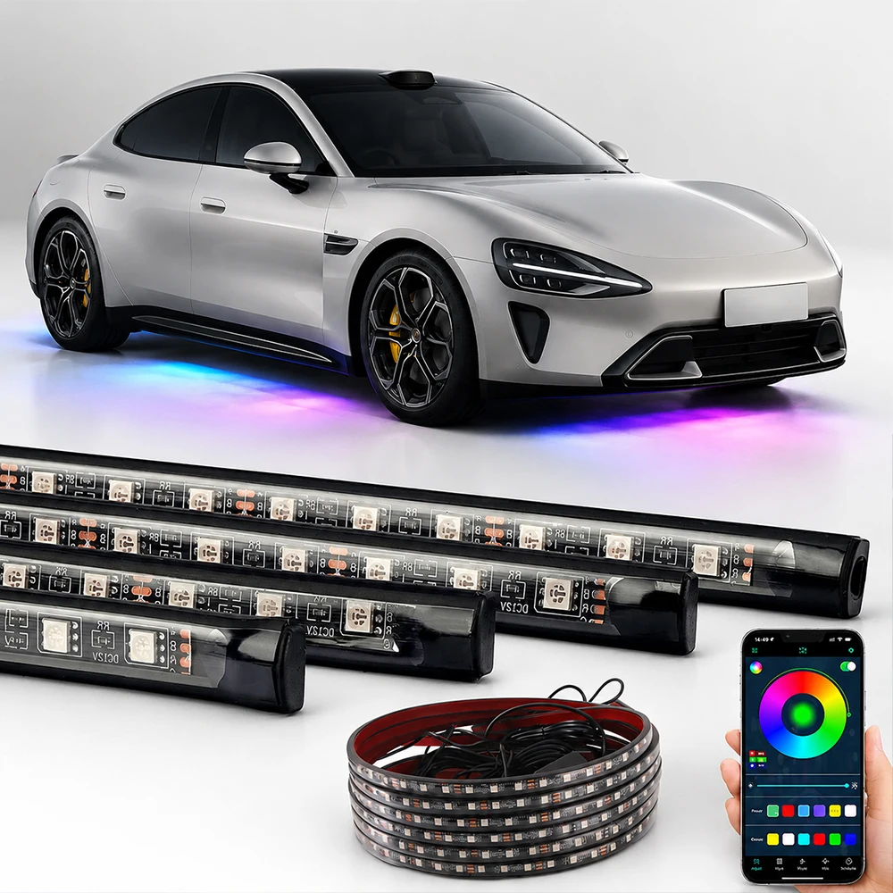 Universal Car Chassis Underglow LED Ambient Light RGB Neon Flowing Light Strip 12V Waterproof Underbody Kit Bluetooth AppControl