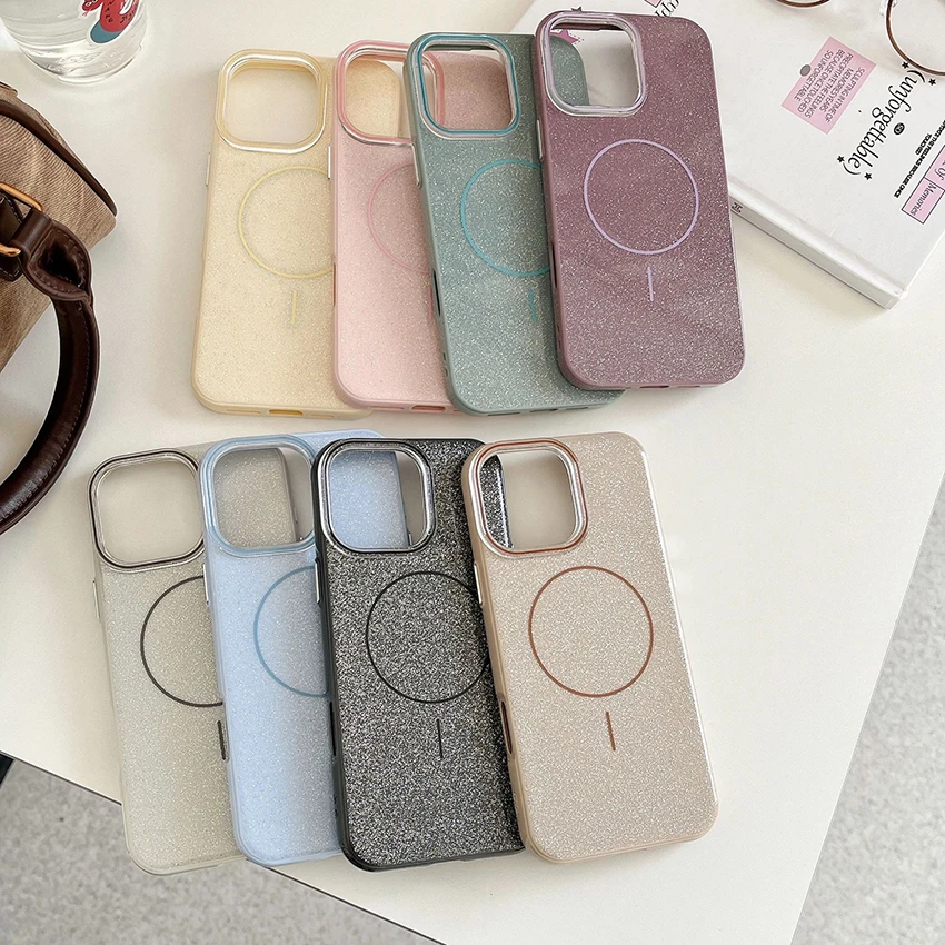 حافظة هاتف لامعة مغناطيسية لهاتف آيفون 17 16 15 14 13 برو 12 11 ماكس حلقة عدسة مطلية 16 برو ماكس 17 برو حافظة هاتف غطاء صلب