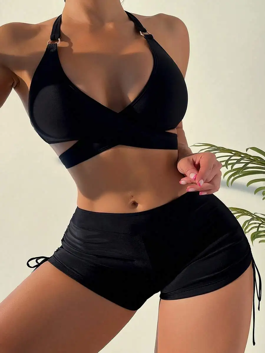 

Black Crisscross Halter Bikini Set With Ring Detail Summer Beach Swimwear