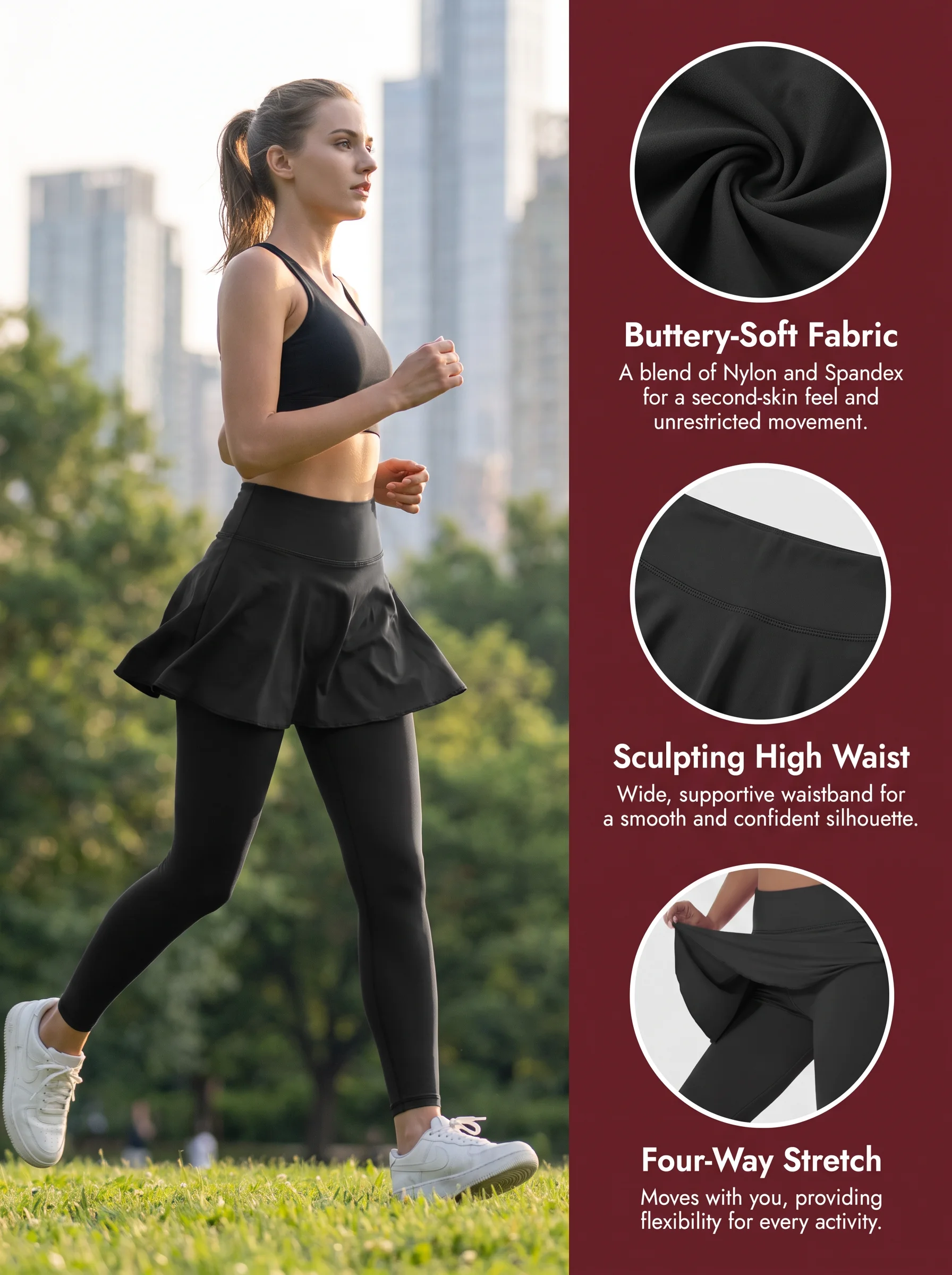 Hochgeschnittener Plissierter Tennis-, Pickleball-, Yoga- und Workout-Rock mit Beinlingen für Damen mit Taschen – Detail 3