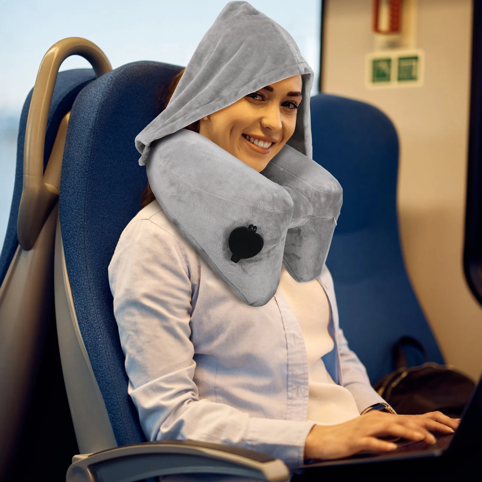 

Inflatable Neck Pillow U Shaped Travel Pillows Light Grey Portable Hood Design Versatile Use Car Plane Home Office