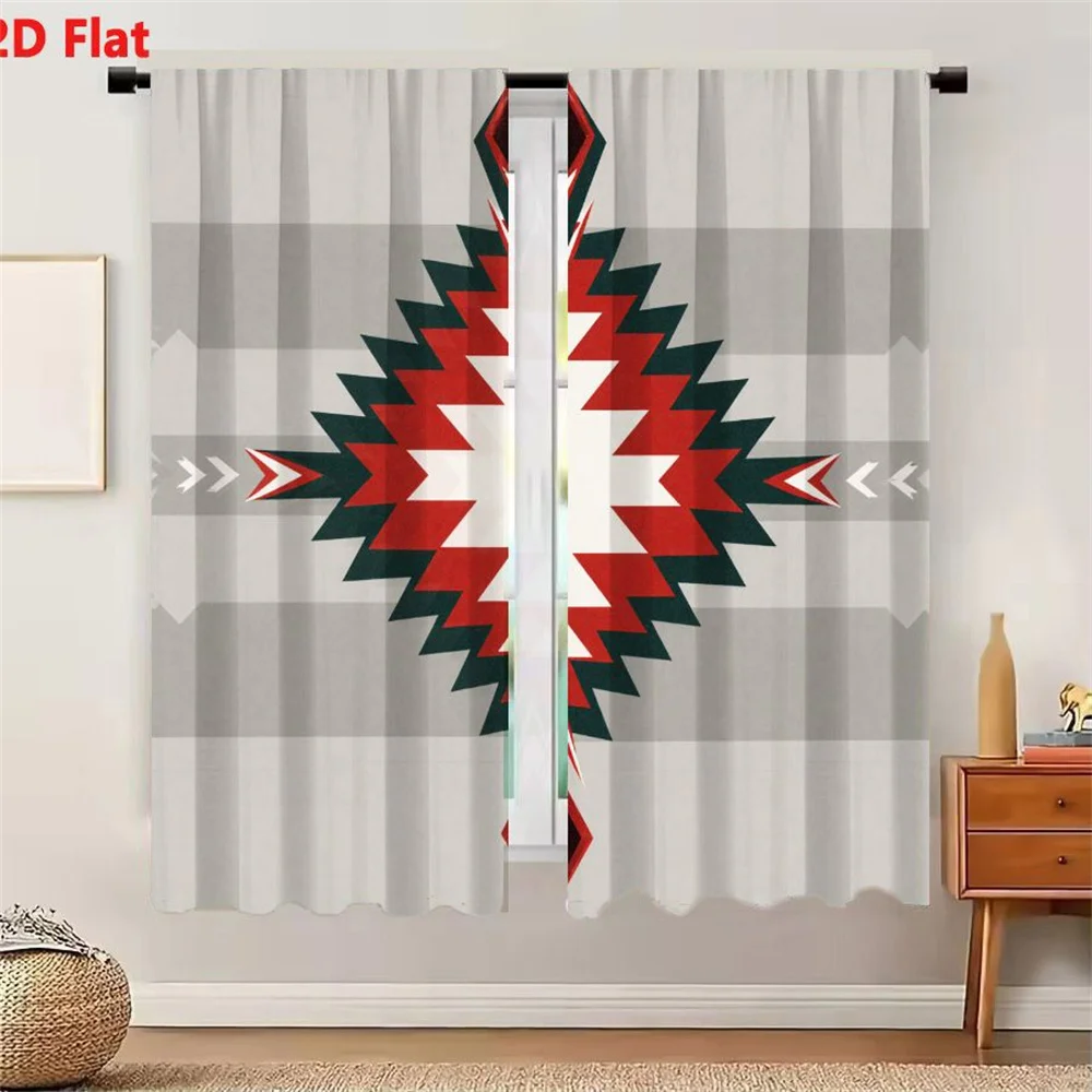 2Pcs Curtains 2D Flat Symmetrical Geometric Pattern Native American Southwestern Textile Style Diamond Star Snowflake Zigzag Red