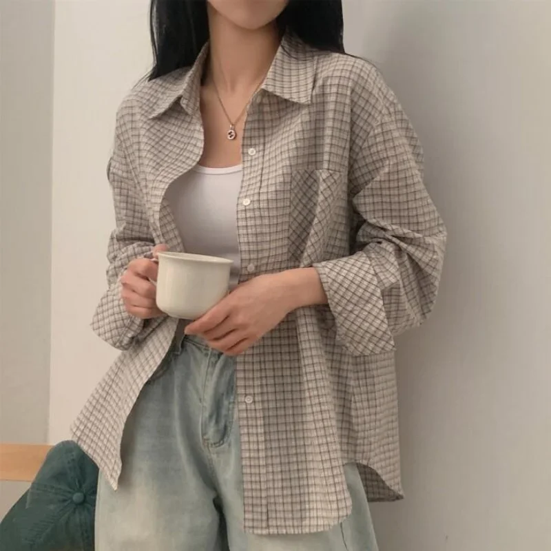 

Fashion Women's Long Sleeve Single Breasted Plaid Shirt Soft Cotton for Young Women Spring Summer Casual Oversized Shirt