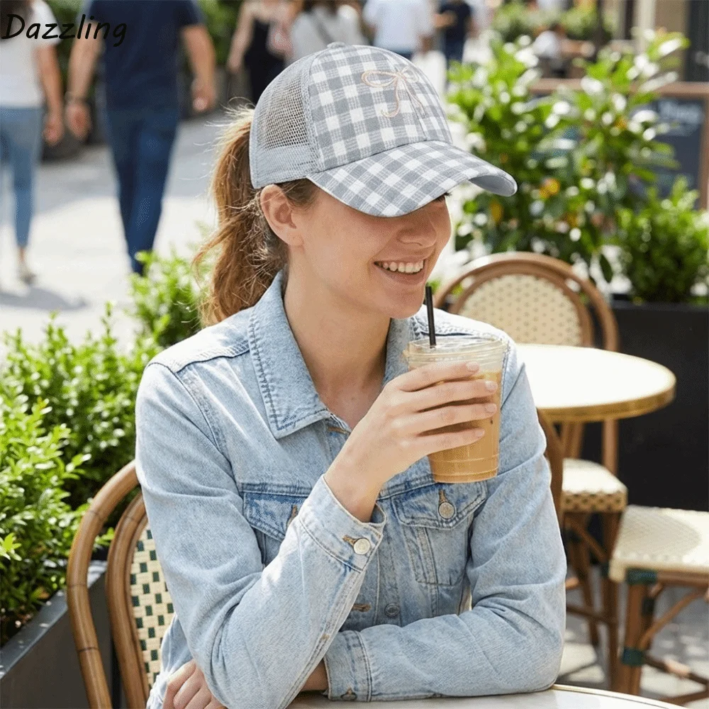 

Beach Versatile Women's Duck Tongue Visors Bow Embroidery Adjustable Baseball Caps Curved Brim Checkered Sun Hats Casual