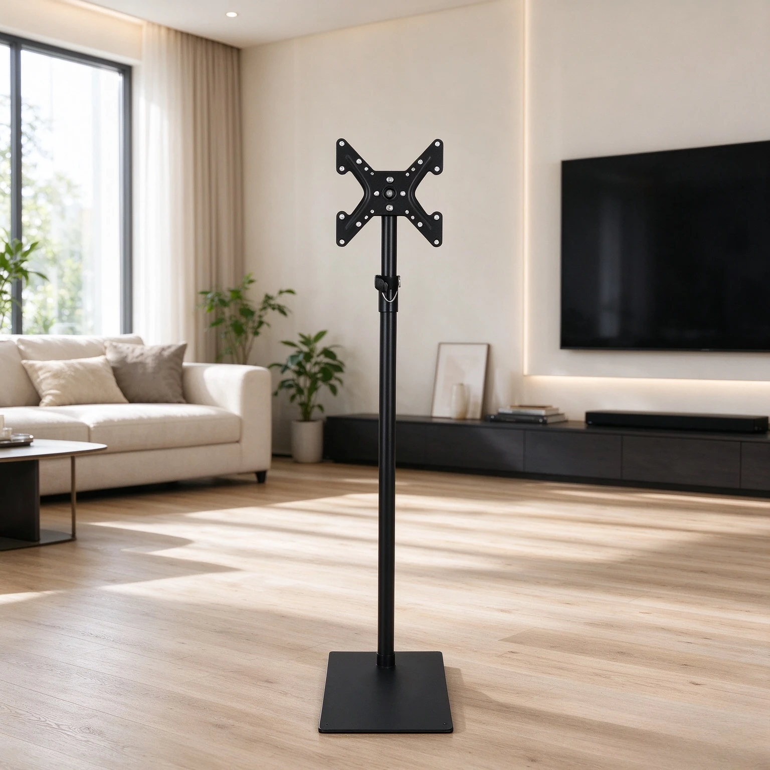 Height Adjustable TV Floor Stand for 14-42 Inch Screens, 15° Tilt, Portrait Rotation, Cold Rolled Steel Base, Reinforced Pole