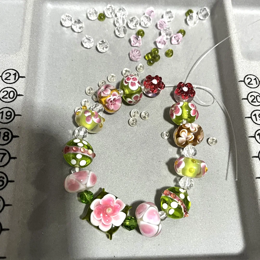 Only Sell 1set Loose Glass!Pink+Green Spring!Pure Handmade Retro Lampwork Beads For Charm Bracelets Jewelry Making Accessories