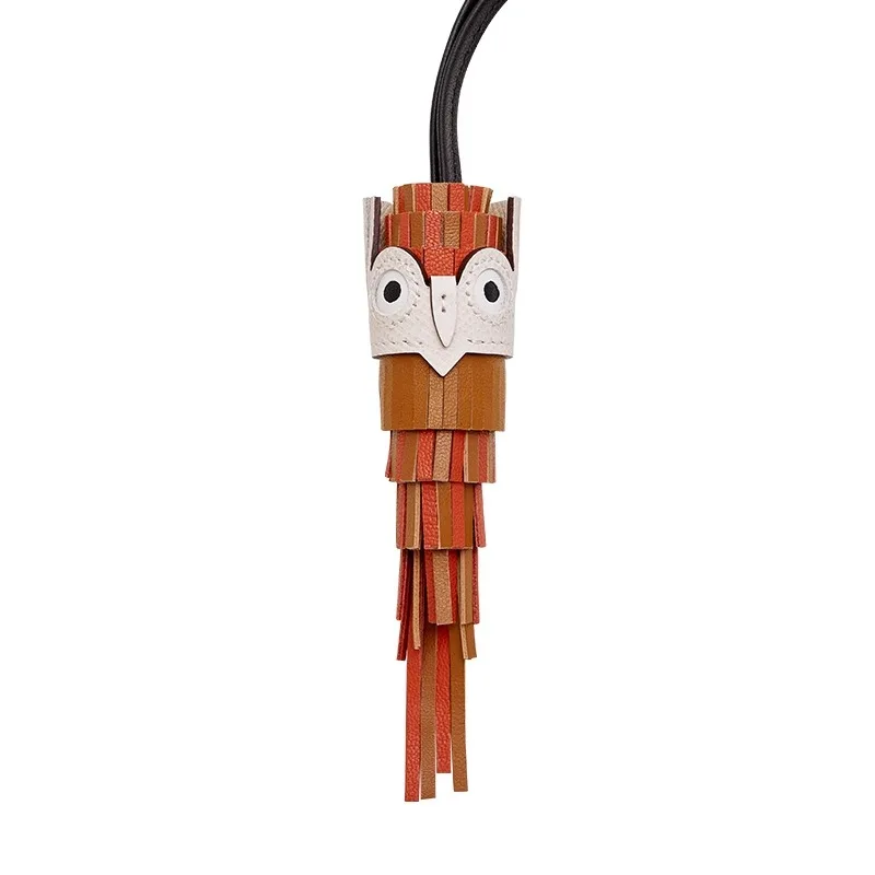 Cowhide Hand-sewn Tassel Owl Bag Charm Chouette Genuine Leather Bag Pandent Keychain Bag accessories